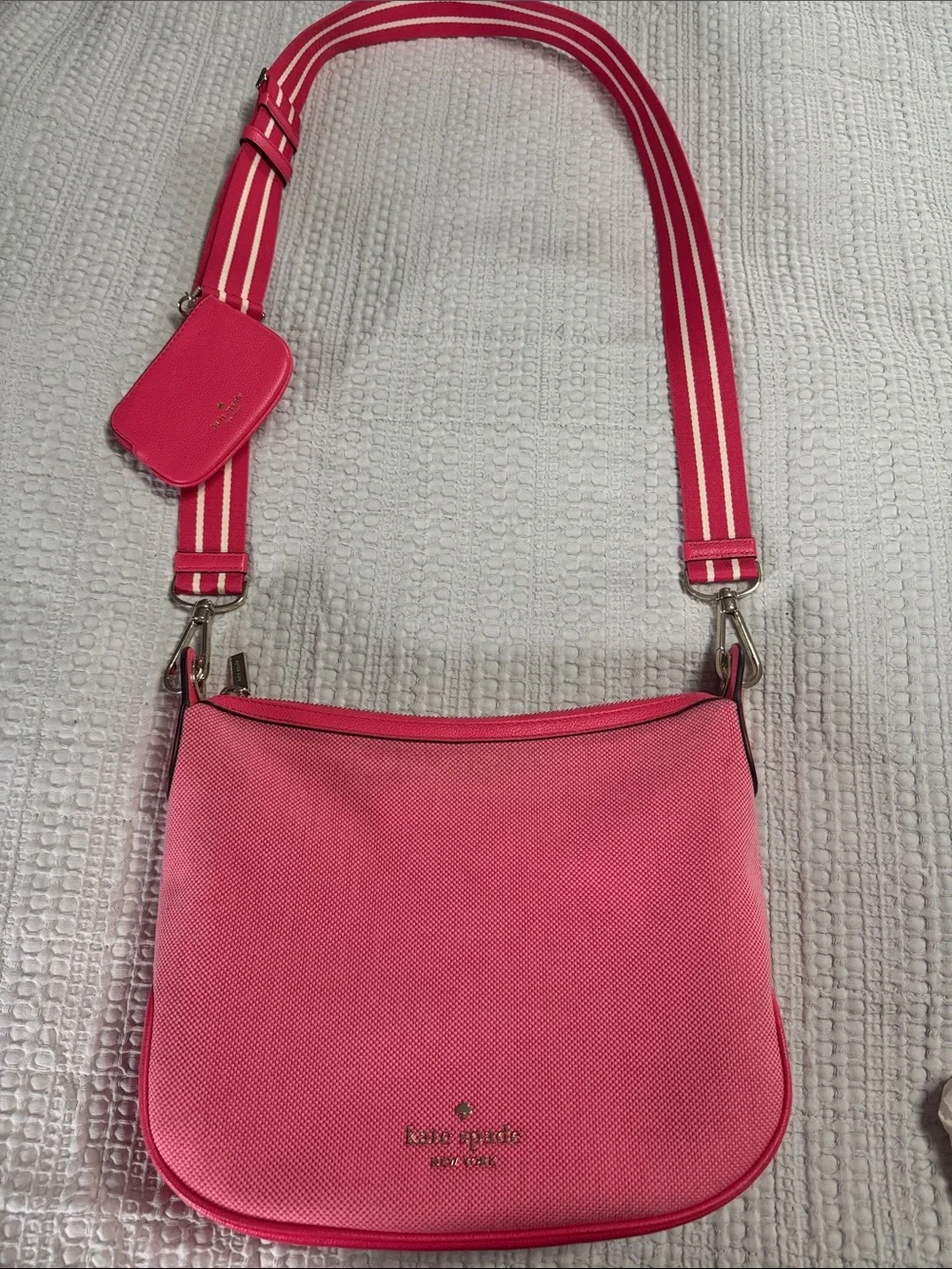 kate spade bright pink crossbody with striped strap and coin purse